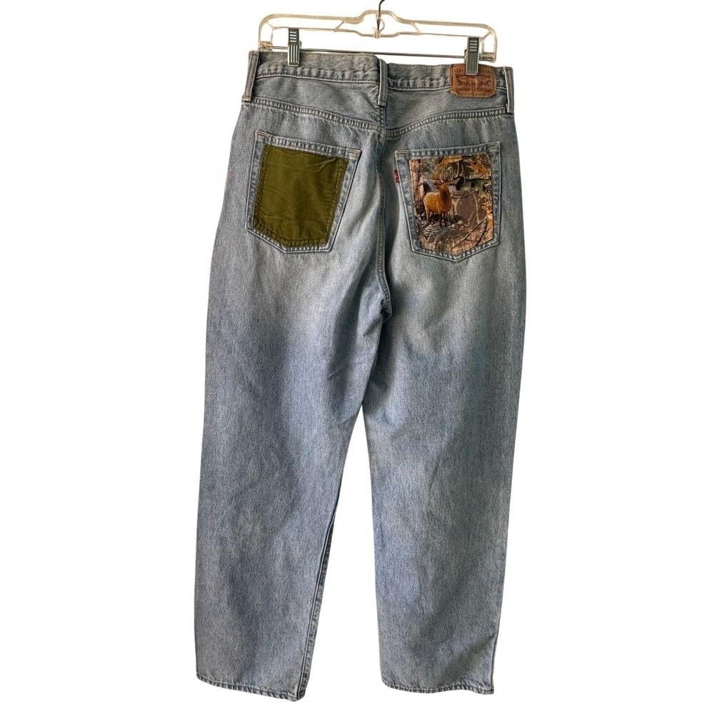 Levi's 94 Baggy Jeans Sz 30 Light Wash Custom Patchwork Camo‎ Elk Pockets Unique